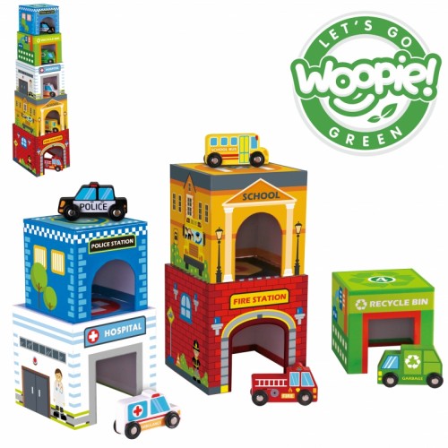 Dėlionės kubeliai Miesto transporto priemonės dėžutėse + figūrėlės 10 vnt. WOOPIE GREEN