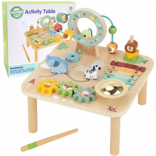 Medinis edukacinis stalas muzikinis sensorinis labirintas 5 viename WOOPIE GREEN