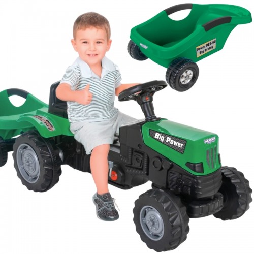 Didelis „PowerTrac“ pedalais minamas traktorius su XXL priekaba WOOPIE