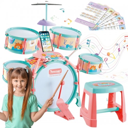 Edukaciniai mušamieji instrumentai vaikams: 5 būgnai, 1 cimbolas + gyvūnų tematikos taburetė WOOPIE