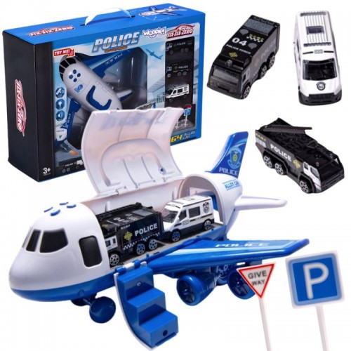 Sulankstomas policijos lėktuvų transporteris su 3 policijos automobiliais, XL rinkinys, kelio ženklai WOOPIE Sulankstomas policijos lėktuvų transporteris su 3 policijos automobiliais, XL rinkinys, kelio ženklai WOOPIE