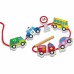 Mediniai susipynę siūlai, suvarstomi Montessori automobiliai „Viga“