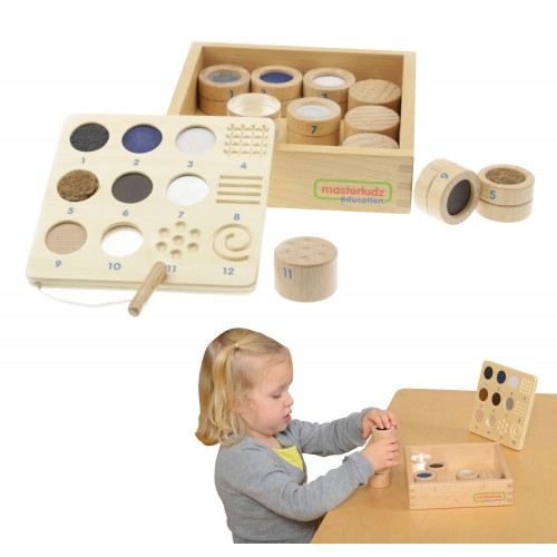 Sensorinis žaidimas „Atspėk palietęs“ – 12 skirtingų medžiagų ir tekstūrų pažinimui Montessori
