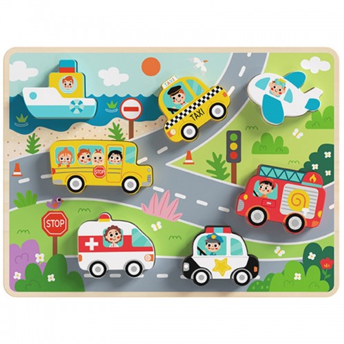 Medinis Montessori dėlionės rinkinys, transporto priemonės, automobiliai, lėktuvas, laivas, miestas, atitikimo formos Tooky