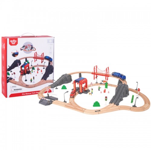 Medinė Trasa Su Traukiniu, Gaisrine Ir Greitosios Medicinos Pagalbos Automobiliu Tooky Toy 70 vnt. 