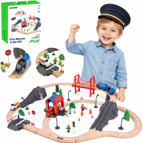 Medinis elektrinis gaisrinės traukinio rinkinys su garso efektais – 70 dalių, FSC TOOKY TOY