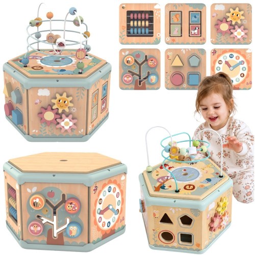 Medinė šešiakampė dėžutė su atidaromomis durelėmis TOOKY TOY Montessori